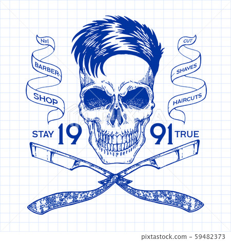 Vintage, hipster skull barbershop logo in old style, vector. Vintage, hipster skull barbershop logo in old style, vector. 59482373