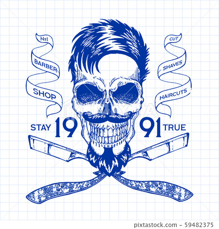 Vintage, hipster skull barbershop logo in old style, vector. Vintage, hipster skull barbershop logo in old style, vector. 59482375