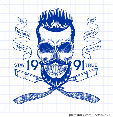 Vintage, hipster skull barbershop logo in old style, vector. Vintage, hipster skull barbershop logo in old style, vector. 59482377