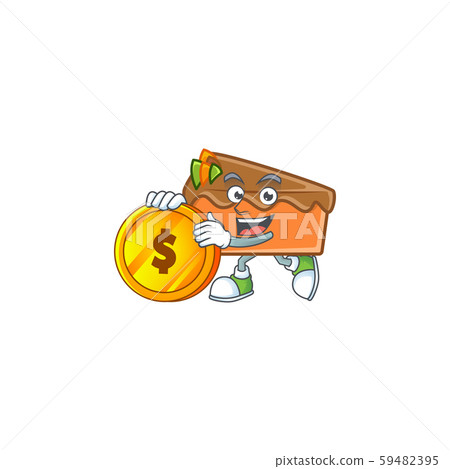Slice cake character bring coin on white background Slice cake character bring coin on white background 59482395