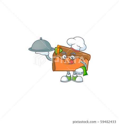 Slice cake in the cartoon character chef holding food. Slice cake in the cartoon character chef holding food. 59482433