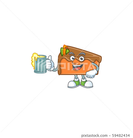 Slice cake in the cartoon character holding juice. Slice cake in the cartoon character holding juice. 59482434