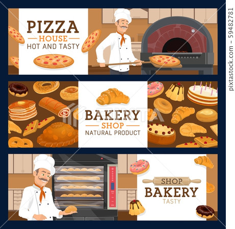 Baker or pastry chef with bread, cake and pizza 59482781