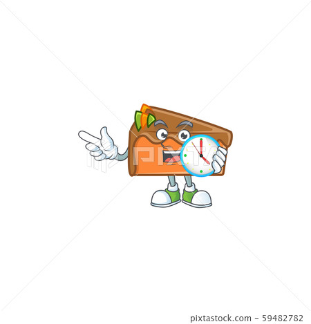 Dessert slice cake cartoon character mascot with bring clock. 59482782