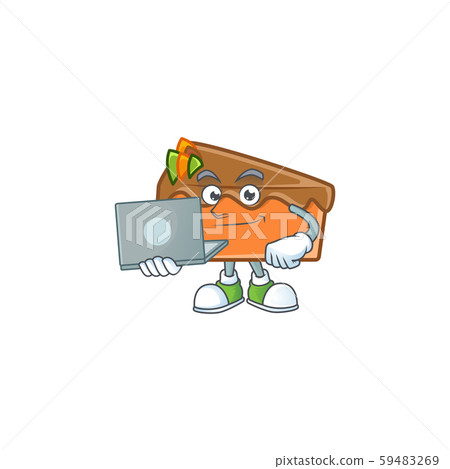 Slice cake chocolate with the mascot with bring laptop. 59483269