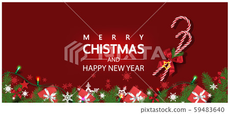 Horizontal Christmas and Happy New Year banner Xmas sparkling lights garland with gifts box greeting cards, headers, website Objects viewed from above. Flat lay, Top view elements for promotion  59483640
