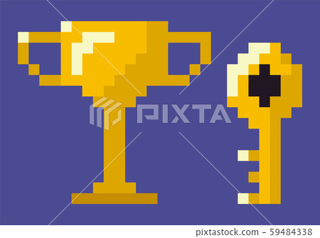 Gold Trophy and Key, Pixelated Icons of Game Set Gold Trophy and Key, Pixelated Icons of Game Set 59484338