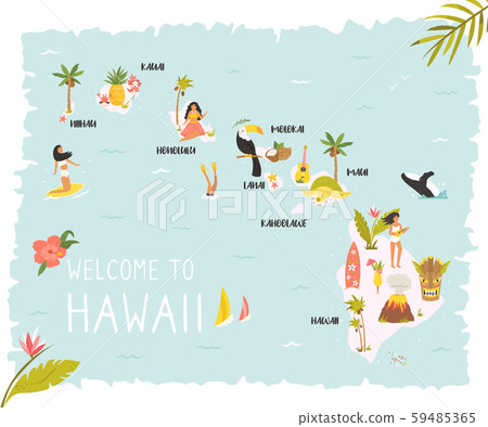Hawaiian map with icons, characters and symbols. 59485365
