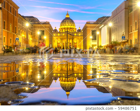 Dusk view of Saint Peter Basilica illuminated, Dusk view of Saint Peter Basilica illuminated, 59486751
