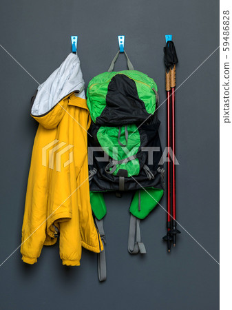 uniform for nordic walking hanging on a hanger, on a gray background. uniform for nordic walking hanging on a hanger, on a gray background. 59486828