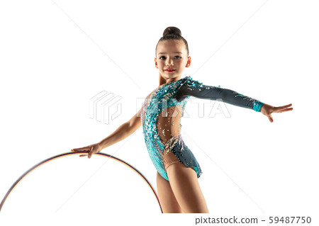 Little flexible female gymnast isolated on white studio background 59487750