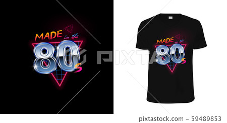 Retrowave style made in the 80s metallic inscription with neon triangle and blue laser grid on black 59489853