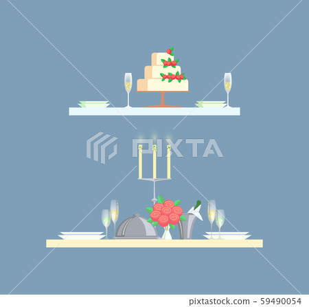 Table for Two Serving with Cake and Glasses Vector 59490054