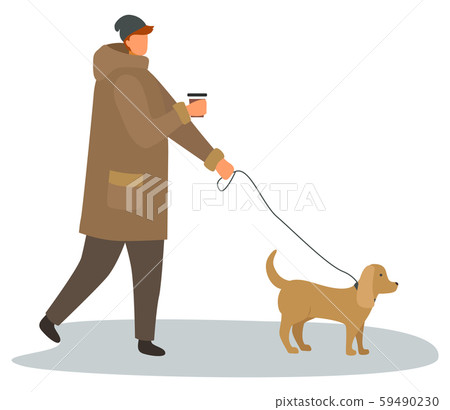 Man With Cup of Coffee Walking with Dog on Leash Man With Cup of Coffee Walking with Dog on Leash 59490230