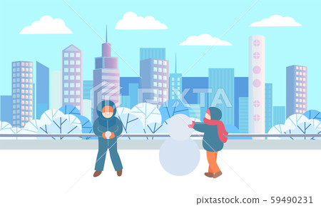 Children Sculpting Snowman in Winter City Park Children Sculpting Snowman in Winter City Park 59490231