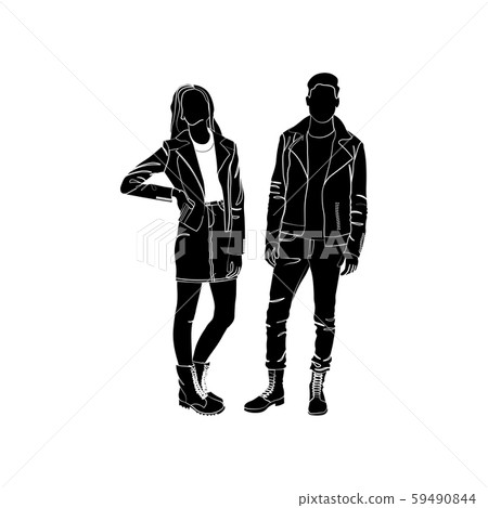 Fashionable girl and guy vector. Fashion. Man and woman silhouette vector. Fashionable young couple. Girl in a denim skirt and denim jacket. Guy in jeans, turtles and leather scythe 59490844