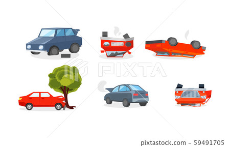 Car Crashes, Wrecked Vehicles And Insurance Cases On The Road Vector Illustration Set Isolated On Car Crashes, Wrecked Vehicles And Insurance Cases On The Road Vector Illustration Set Isolated On 59491705