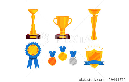 Set With Golden Cups And Trophies On Pedestals Vector Illustration 59491711