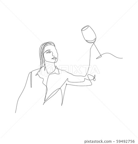 Continuous one line woman evaluates wine in a glass by color. Degustation, tasting. Vector 59492756