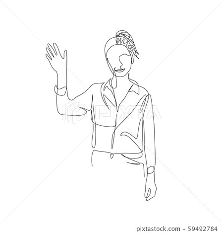 Continuous one line smiling woman waving hand. Vector Continuous one line smiling woman waving hand. Vector 59492784