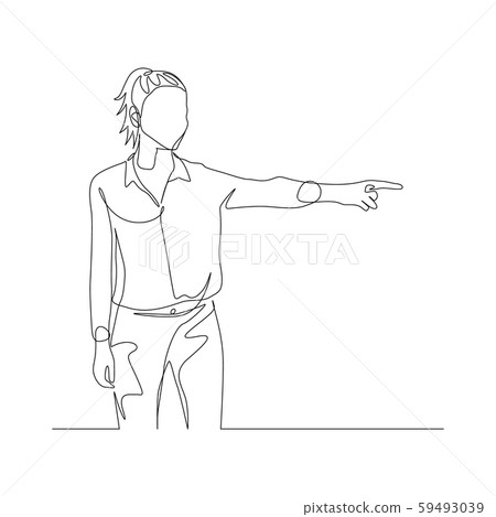 Continuous one line woman points the direction with her forefinger. Vector 59493039