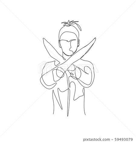 Continuous one line woman with ponytail makes hands prohibition sign, cross, NO sign. Vector Continuous one line woman with ponytail makes hands prohibition sign, cross, NO sign. Vector 59493079