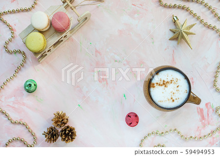 Coffee macaroons and christmas decoration. Christmas concept 59494953