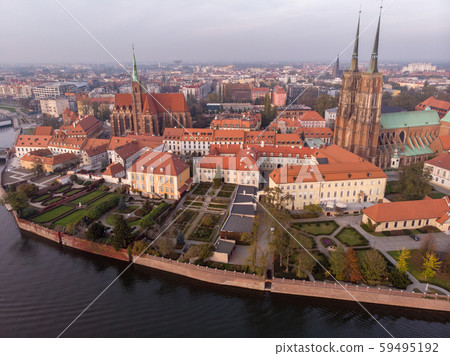 The aerial view of Wroclaw: Ostrow Tumski, Cathedral of St. John the Baptist and Collegiate Church 59495192