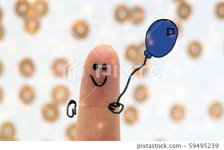 Painted finger smiley with balloon, birthday concept, happy fun creation background Painted finger smiley with balloon, birthday concept, happy fun creation background 59495239
