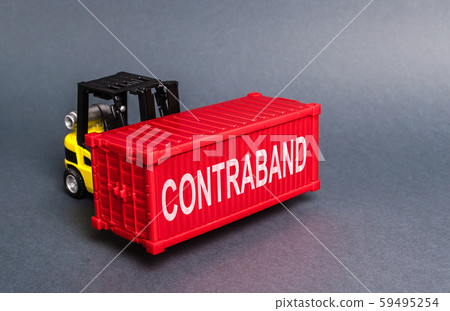 A forklift truck is contraband smuggling a red container. Transportation of illegal and prohibited goods. Border control, high corruption. Importation of drugs, illegal migrants, alcohol and tobacco A forklift truck is contraband smuggling a red container. Transportation of illegal and prohibited goods. Border control, high corruption. Importation of drugs, illegal migrants, alcohol and tobacco 59495254