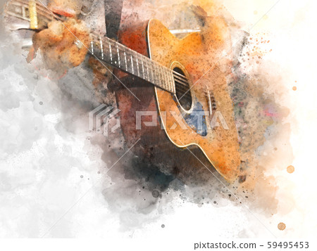 Abstract colorful shape on acoustic Guitar in the foreground on Watercolor painting background. 59495453