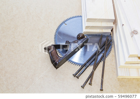 Wooden light boards. Place for text, saws. Plane, nails. 59496077