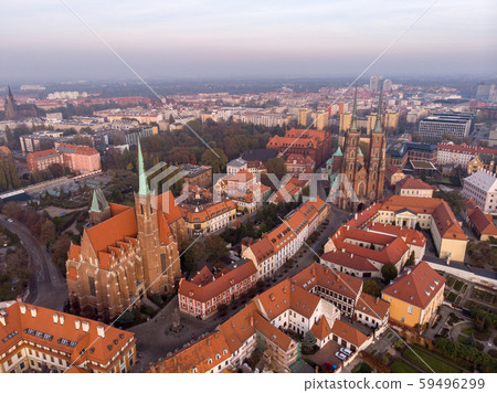 The aerial view of Wroclaw: Ostrow Tumski, Odra river, Cathedral of St. John the Baptist and 59496299