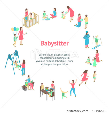 Characters Different Nanny Concept Banner Card Circle 3d Isometric View. Vector 59496519