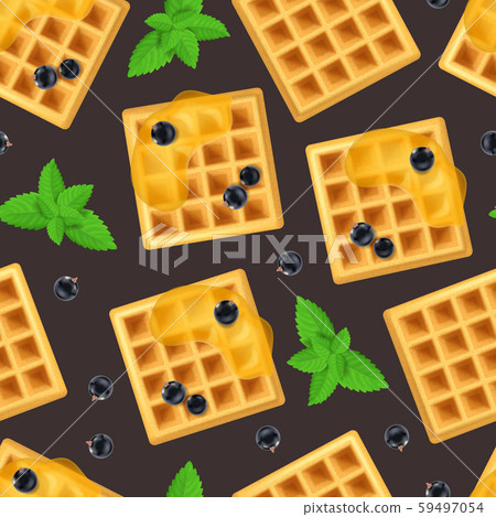 Realistic Detailed 3d Belgian Waffle and Green Leaves Peppermint Seamless Pattern Background. Vector 59497054