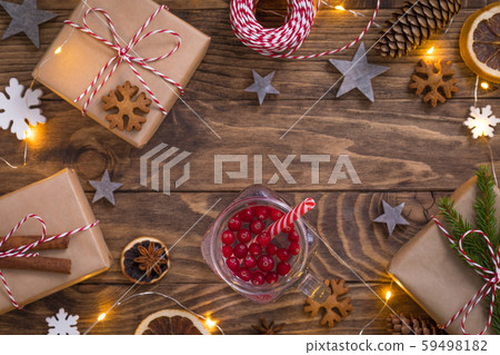 New Year Christmas composition with cranberry tea New Year Christmas composition with cranberry tea 59498182