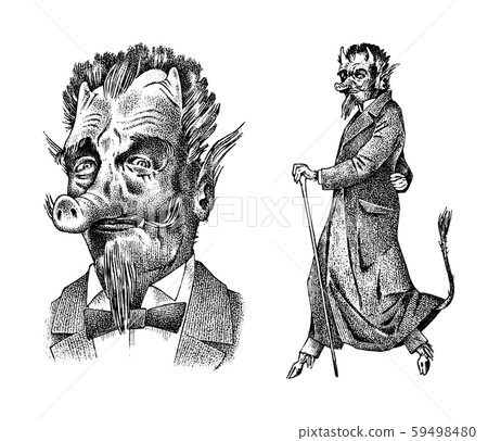 Damn or demon with horns and pork nose in vintage style. Mystical imaginary character in retro old Damn or demon with horns and pork nose in vintage style. Mystical imaginary character in retro old 59498480
