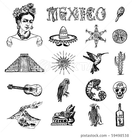 Mexico set in vintage style. Traditional national costume on a woman, animals, plants and musical Mexico set in vintage style. Traditional national costume on a woman, animals, plants and musical 59498538