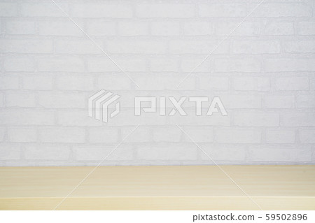 Empty wood plate top table on gray brick background. Empty wood plate top table on gray brick background. 59502896