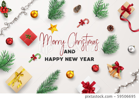 Christmas and Happy new year greeting card Composition of Elements with Christmas Decorations. Christmas and Happy new year greeting card Composition of Elements with Christmas Decorations. 59506695