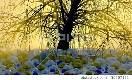 Lonely tree without leaves in fog or mist lit by bright orange sun god rays and astract ground full 59507151