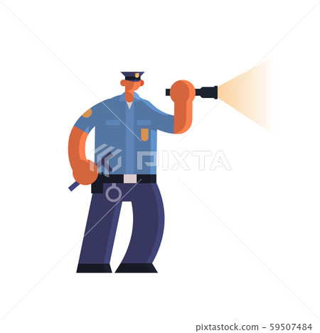 police officer using flashlight policeman in uniform holding stick security authority justice law 59507484