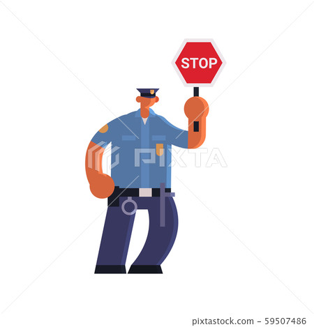 male road traffic police inspector holding stop sign policeman officer in uniform security authority 59507486