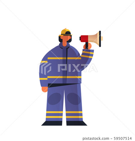 brave fireman holding megaphone loudspeaker firefighter wearing uniform and helmet firefighting 59507514