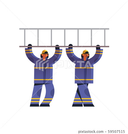 brave firemen couple carrying ladder firefighters team in uniform and helmet firefighting emergency 59507515