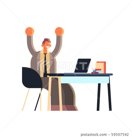 excited businessman holding raised hands business man sitting at workplace with laptop celebrating 59507592