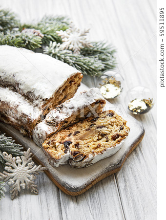 Christmas stollen on wooden background 59511895