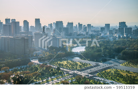日本的東京城市景觀“慶祝行儀式”-歷史時刻（俯瞰火車行/敞篷汽車在陽光下閃耀）= 10天 59513359