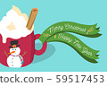Vector illustration Christmas eggnog latte with whipped cream, cinnamon stick in red mug with snowman and green Merry Christmas and Happy New Year ribbon on mug handle on light blue background. 59517453