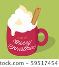 Vector illustration of Christmas eggnog latte drink with whipped cream and cinnamon stick in a red mug with A Cup of Merry Christmas handwritten style text on light green background. 59517454